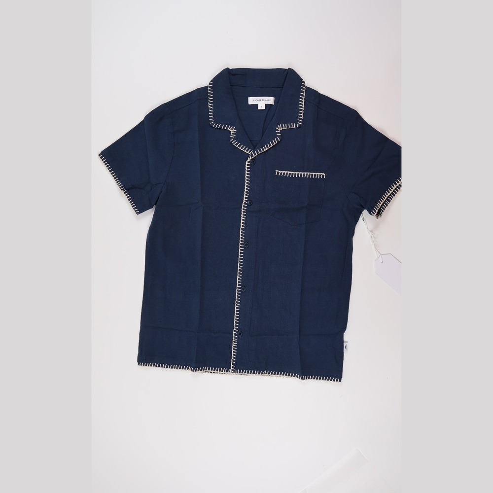 Vintage Summer Shirt Camp Collar Navy Blue Solid Small NWT